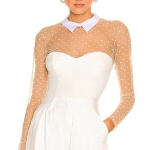 FLEUR DU MAL Collared Peter Pan Neck Bodysuit Dotted Tulle Ivory Cream $325 Med